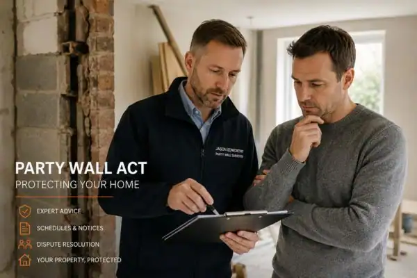 Party wall surveyor Blackpool discussing extension plans with homeowner outside a UK semi-detached house.